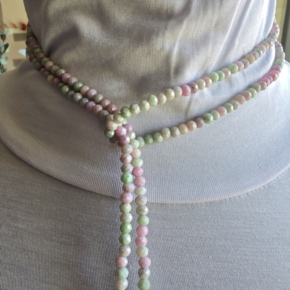Elegant Multicolor Beaded Stone Lariat Necklace Purple Green Pink - Picture 9 of 9
